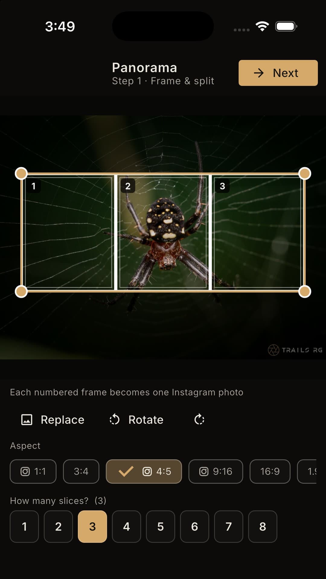 Trails RG Studio Panorama — framing a wide photo into numbered carousel slices