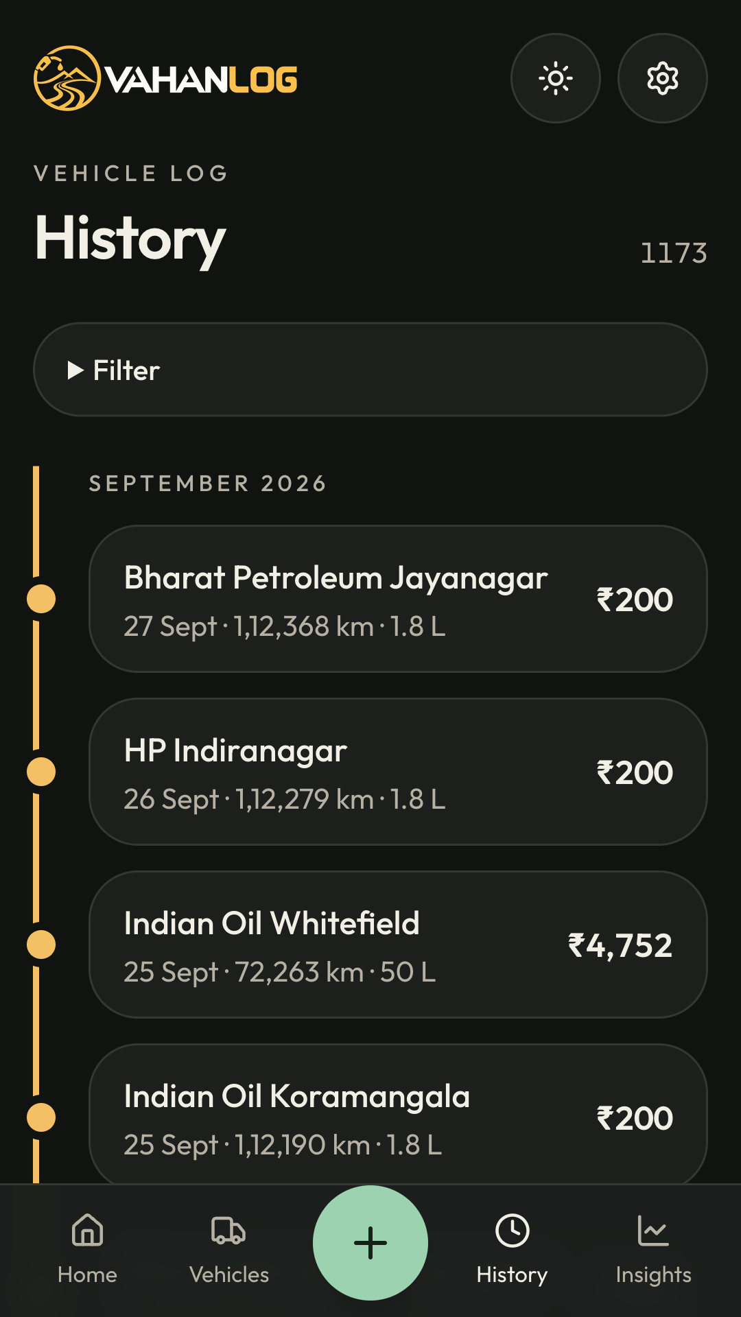 Fuel history with stations, dates, odometer readings, and amounts.