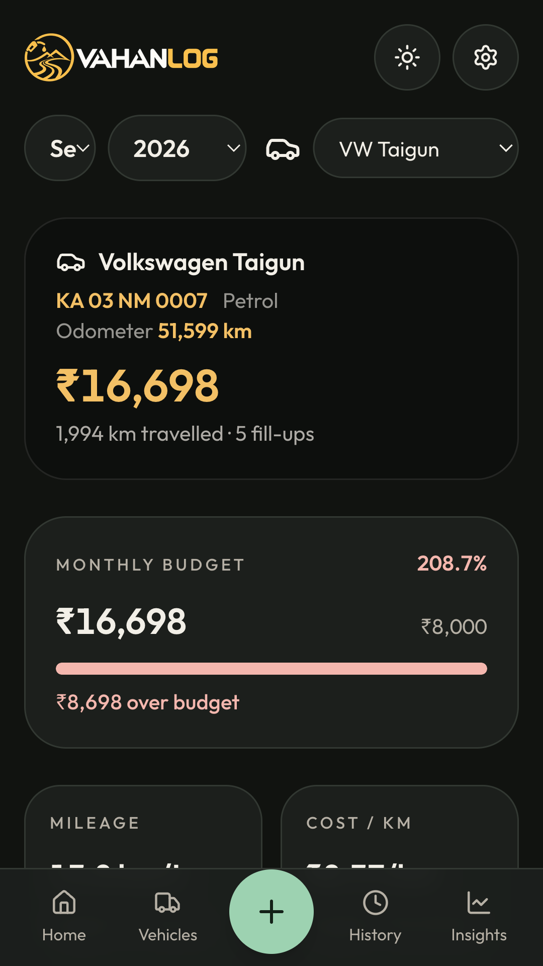 September report for the Volkswagen Taigun, with spend, fill-ups, and the monthly budget.