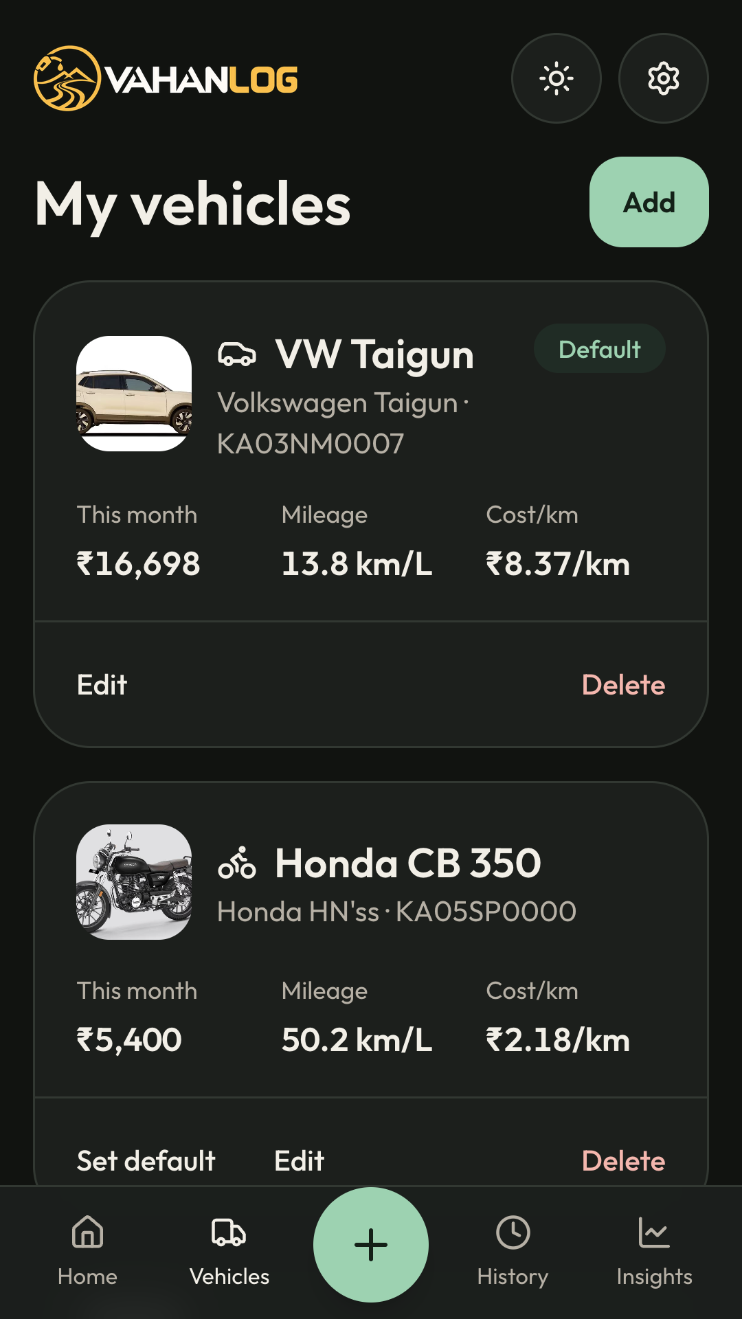 Vehicles list with a Volkswagen Taigun and a Honda CB 350, each showing this month’s spend and mileage.